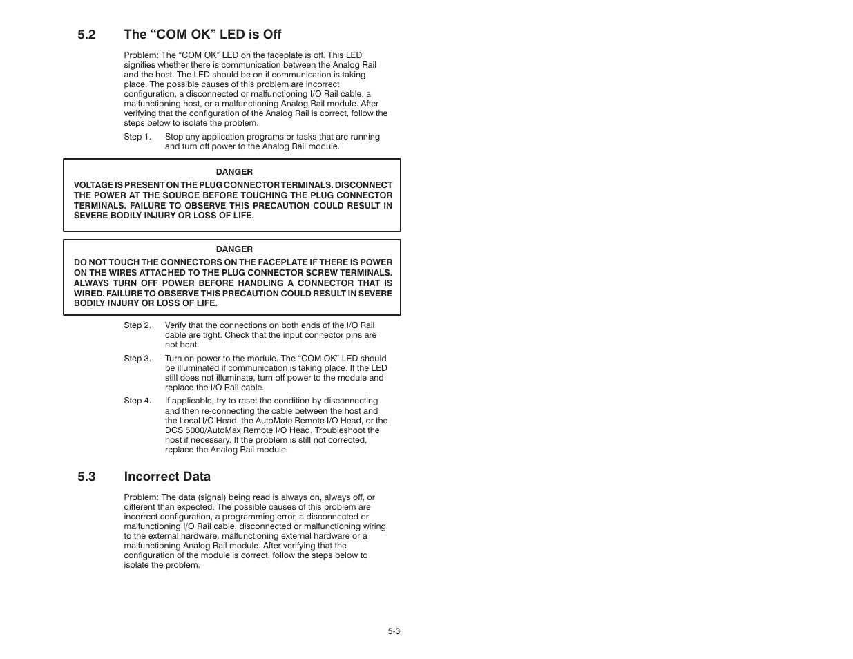 2 the "com ok" led is off, 3 incorrect data, 2 thecom ok" led is off | Rockwell Automation 61C346 4 Input 0-10V Analog Rail Module User Manual | Page 37 / 46