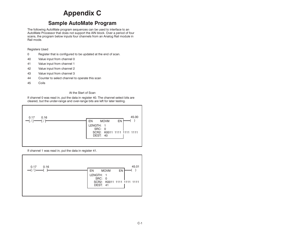 C sample automate program, Appendix c, Sample automate program | Rockwell Automation 61C346 4 Input 0-10V Analog Rail Module User Manual | Page 43 / 46