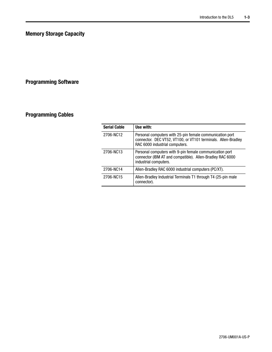 Memory storage capacity, Programming software, Programming cables | Rockwell Automation 2706-DXX Dataliner Message Display DL5 Series User Manual | Page 13 / 119