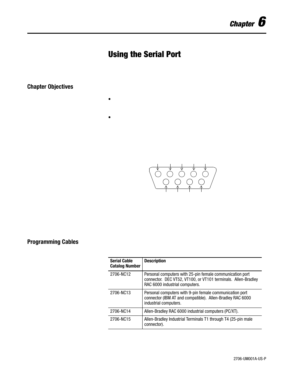 6 - using the serial port, Chapter objectives, Programming cables | Using the serial port, Chapter | Rockwell Automation 2706-DXX Dataliner Message Display DL5 Series User Manual | Page 47 / 119