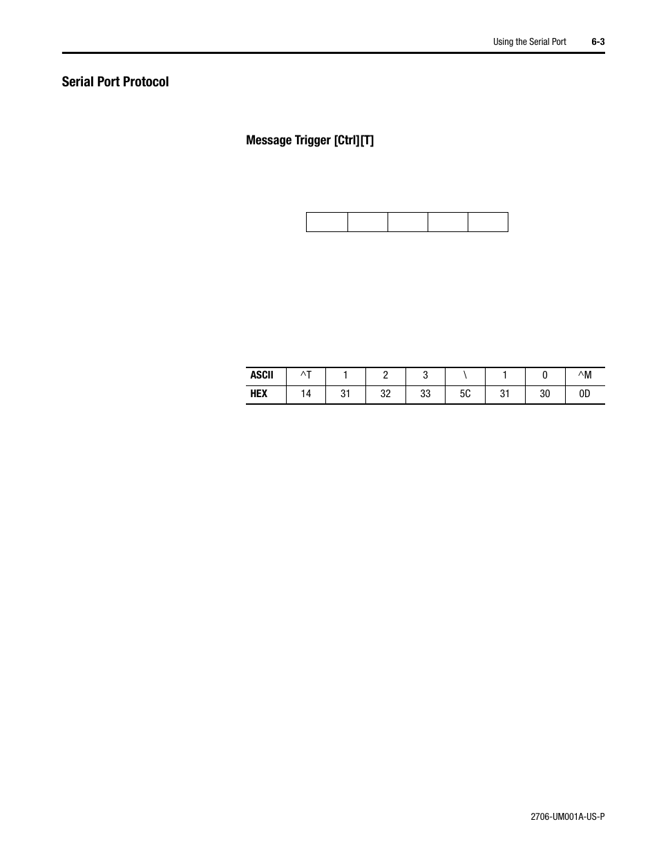 Serial port cable, Serial port protocol, Message trigger [ctrl][t | Rockwell Automation 2706-DXX Dataliner Message Display DL5 Series User Manual | Page 49 / 119