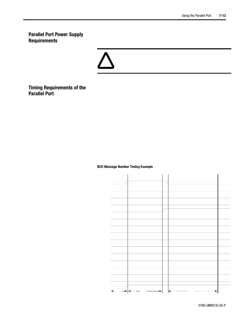 Parallel port power supply requirements, Timing requirements of the parallel port | Rockwell Automation 2706-DXX Dataliner Message Display DL5 Series User Manual | Page 63 / 119