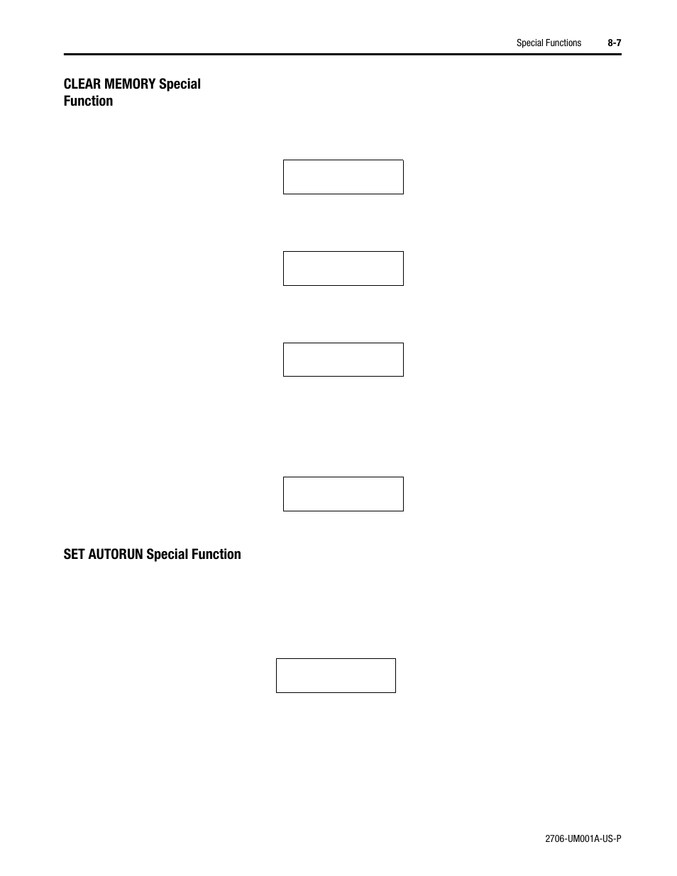 Clear memory special function, Set autorun special functions | Rockwell Automation 2706-DXX Dataliner Message Display DL5 Series User Manual | Page 71 / 119