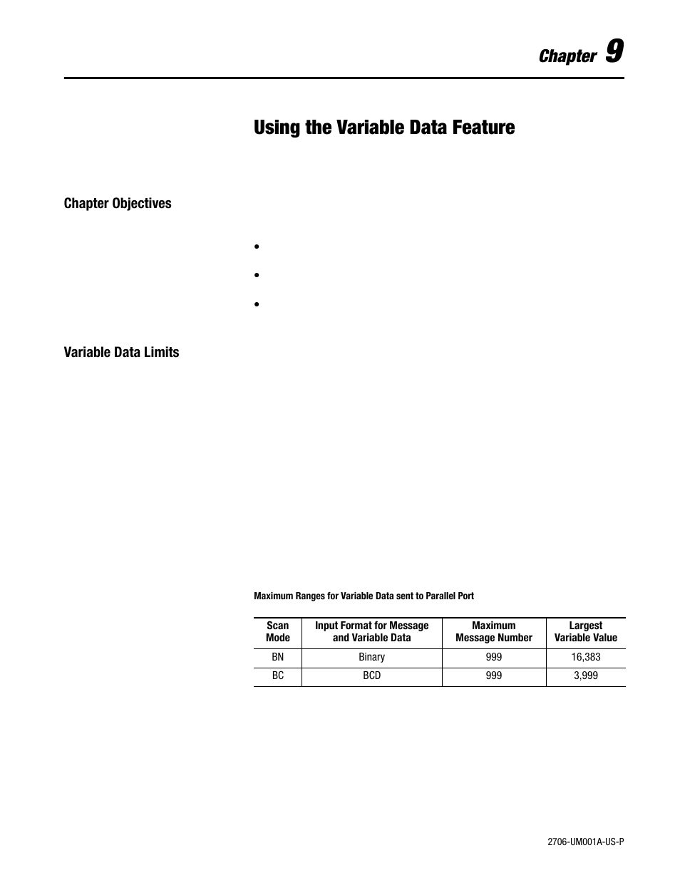 9 - using the variable data feature, Chapter objectives, Variable data limits | Using the variable data feature, Chapter | Rockwell Automation 2706-DXX Dataliner Message Display DL5 Series User Manual | Page 73 / 119