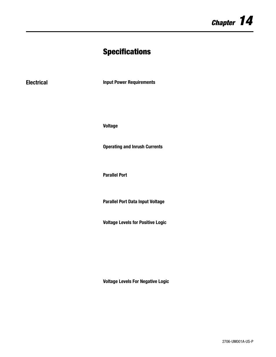 14 - specifications, Electrical, Specifications | Chapter | Rockwell Automation 2706-DXX Dataliner Message Display DL5 Series User Manual | Page 97 / 119