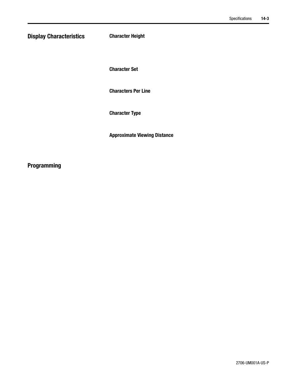 Display characteristics, Programming | Rockwell Automation 2706-DXX Dataliner Message Display DL5 Series User Manual | Page 99 / 119