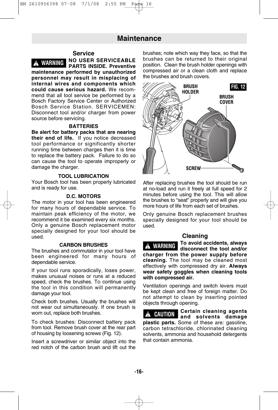 Maintenance | Bosch 37614 User Manual | Page 16 / 52