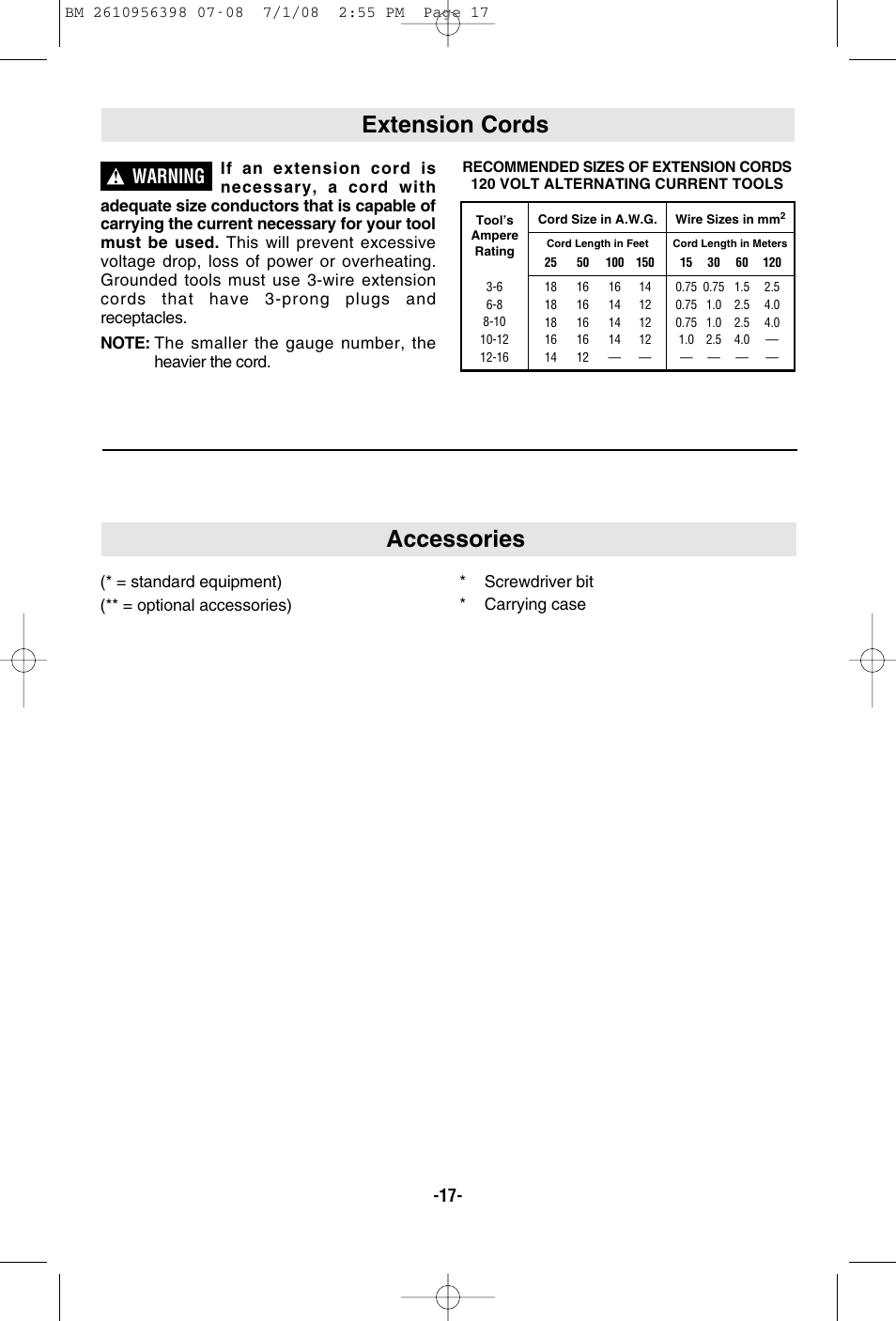 Accessories, Extension cords, Warning | Bosch 37614 User Manual | Page 17 / 52