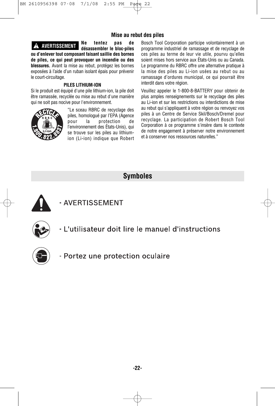 Symboles | Bosch 37614 User Manual | Page 22 / 52