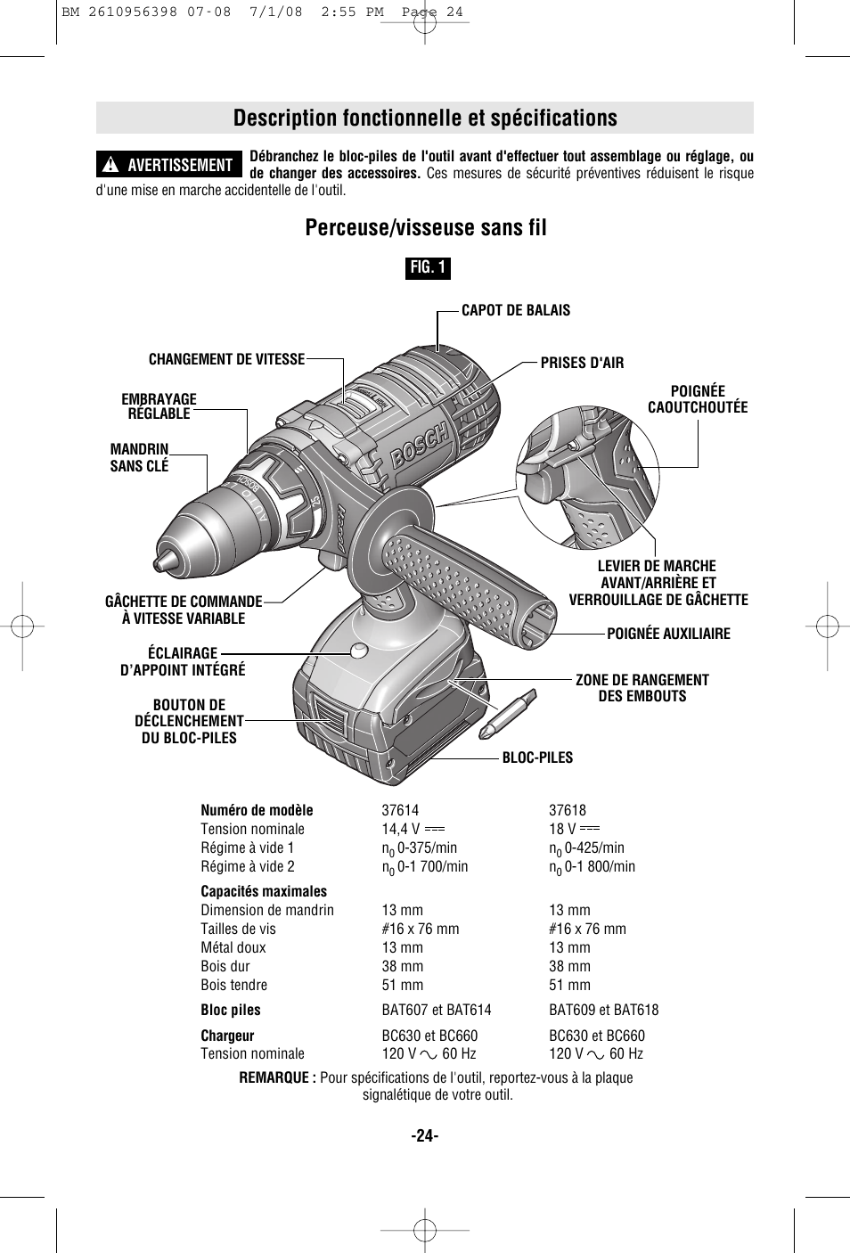 Description fonctionnelle et spécifications, Perceuse/visseuse sans fil | Bosch 37614 User Manual | Page 24 / 52