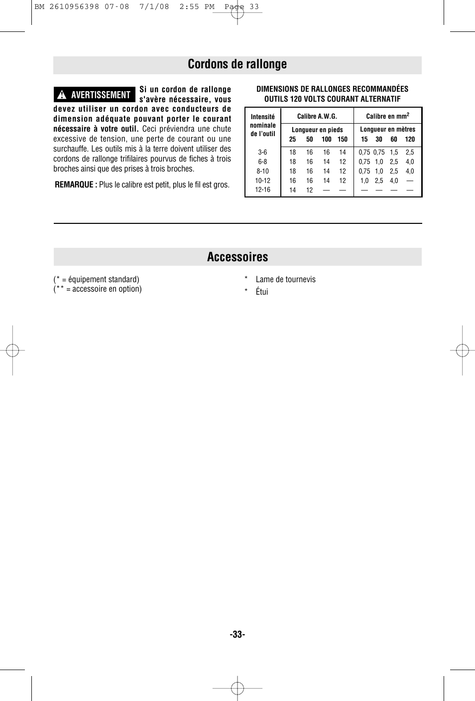 Accessoires, Cordons de rallonge, Avertissement | Bosch 37614 User Manual | Page 33 / 52