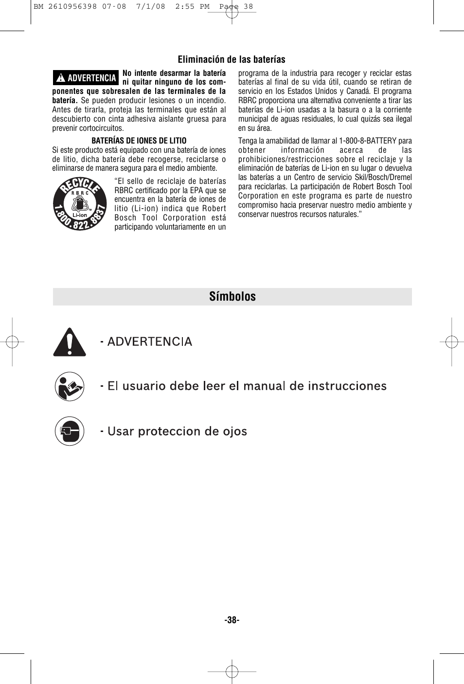 Símbolos | Bosch 37614 User Manual | Page 38 / 52