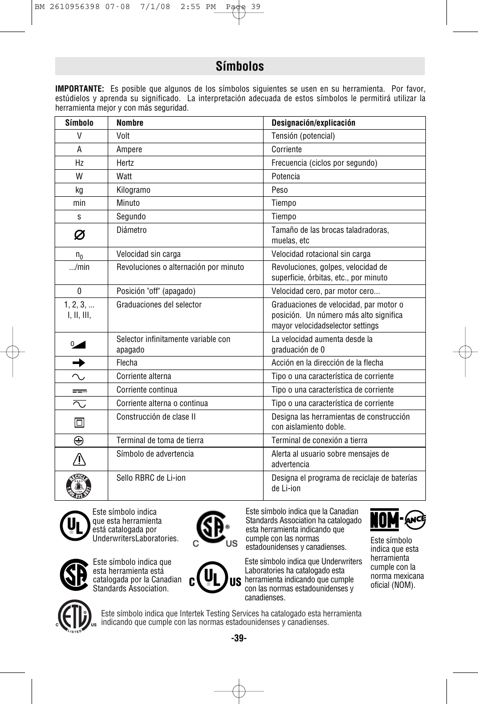 Símbolos | Bosch 37614 User Manual | Page 39 / 52