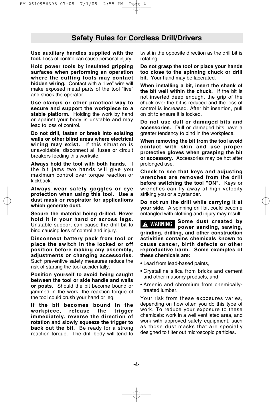 Safety rules for cordless drill/drivers | Bosch 37614 User Manual | Page 4 / 52