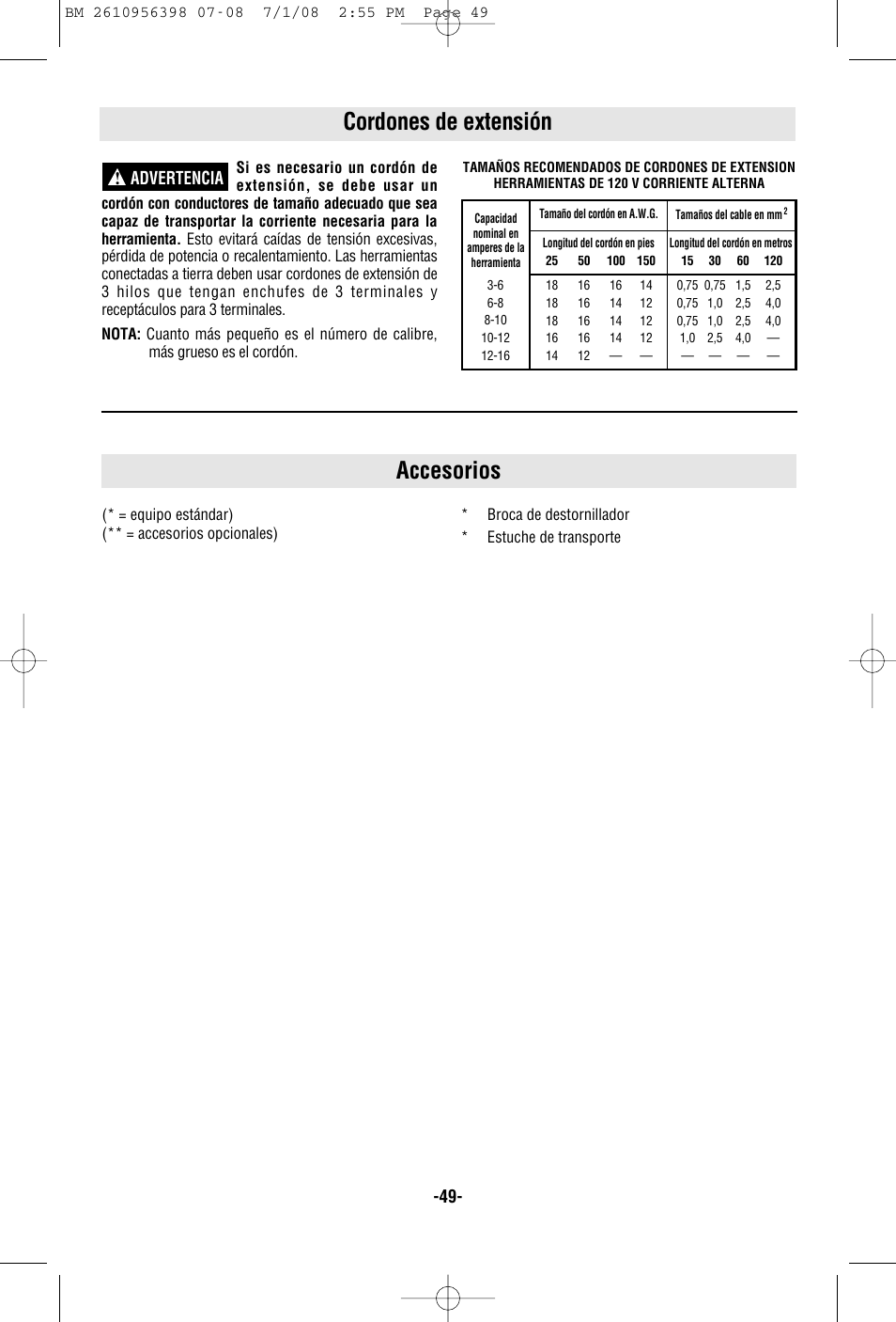 Accesorios, Cordones de extensión, Advertencia | Bosch 37614 User Manual | Page 49 / 52