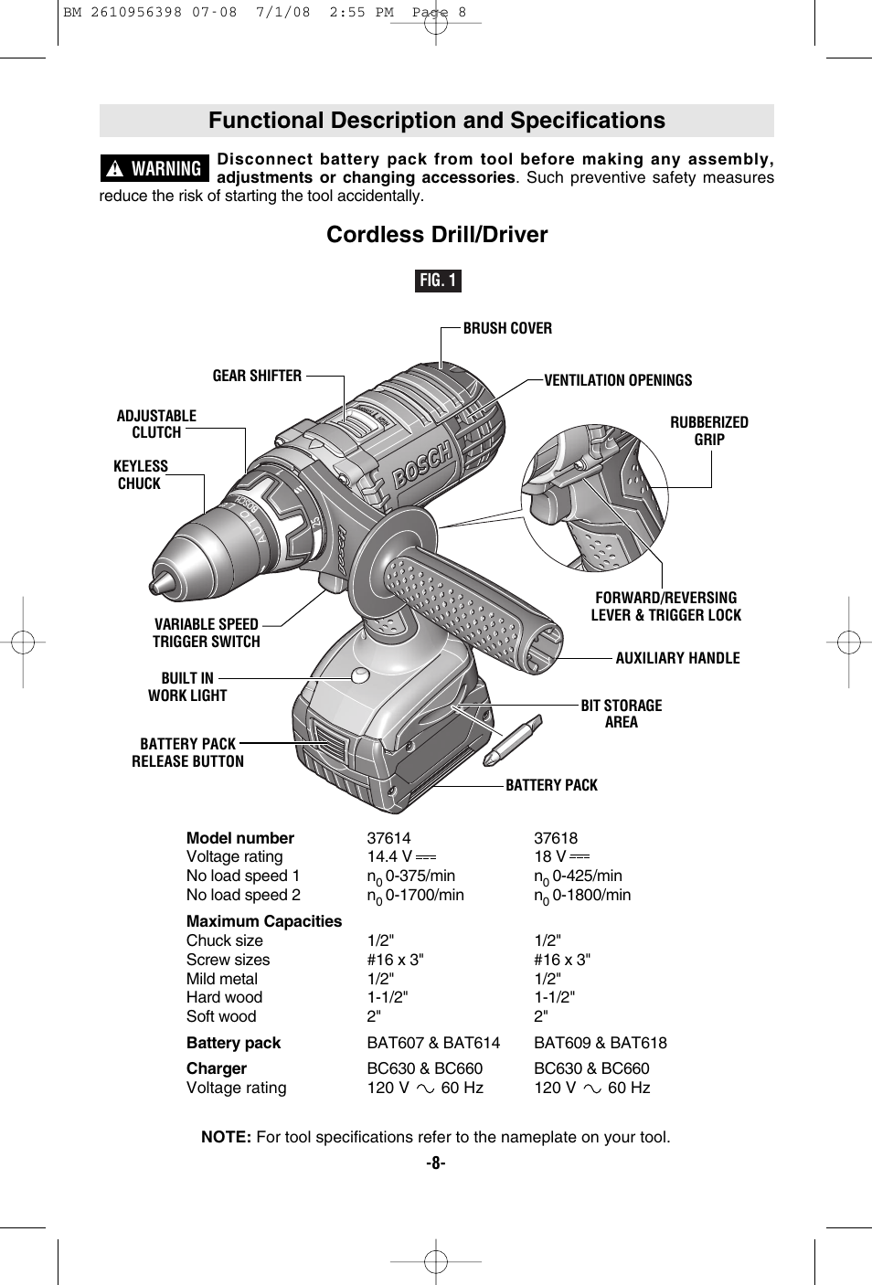 Functional description and specifications, Cordless drill/driver | Bosch 37614 User Manual | Page 8 / 52