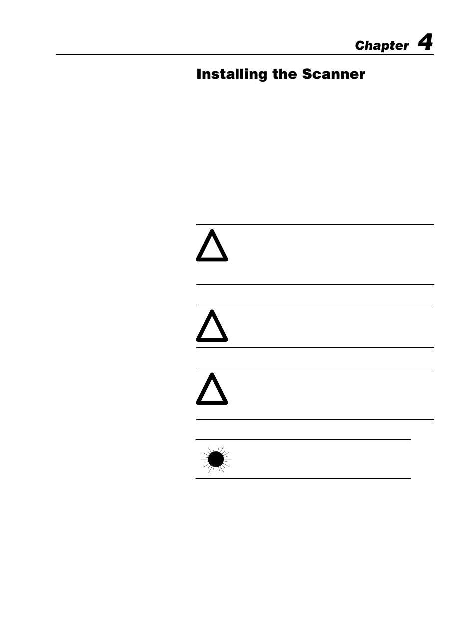 4 - installing the scanner, Chapter objectives, Warnings and cautions | Installing the scanner | Rockwell Automation 2755 High Performance VLD Scanner User Manual | Page 32 / 57