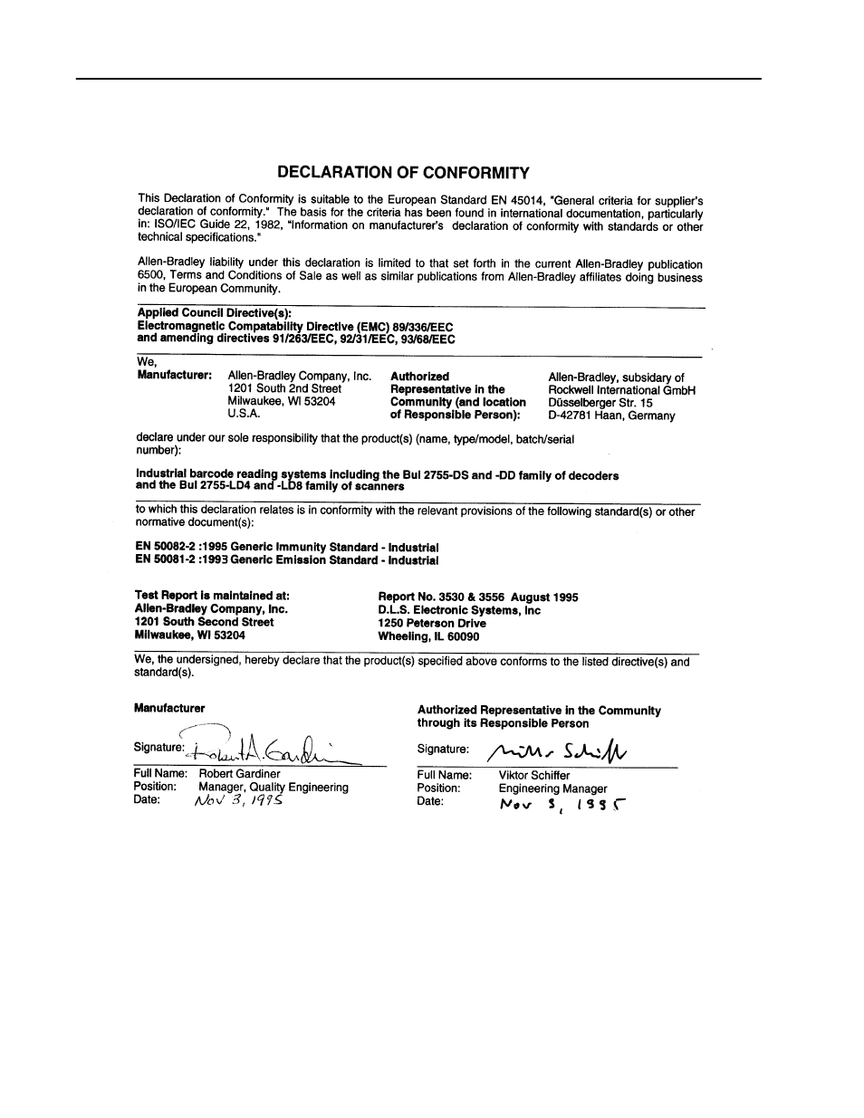Declaration of conformity | Rockwell Automation 2755 High Performance VLD Scanner User Manual | Page 48 / 57