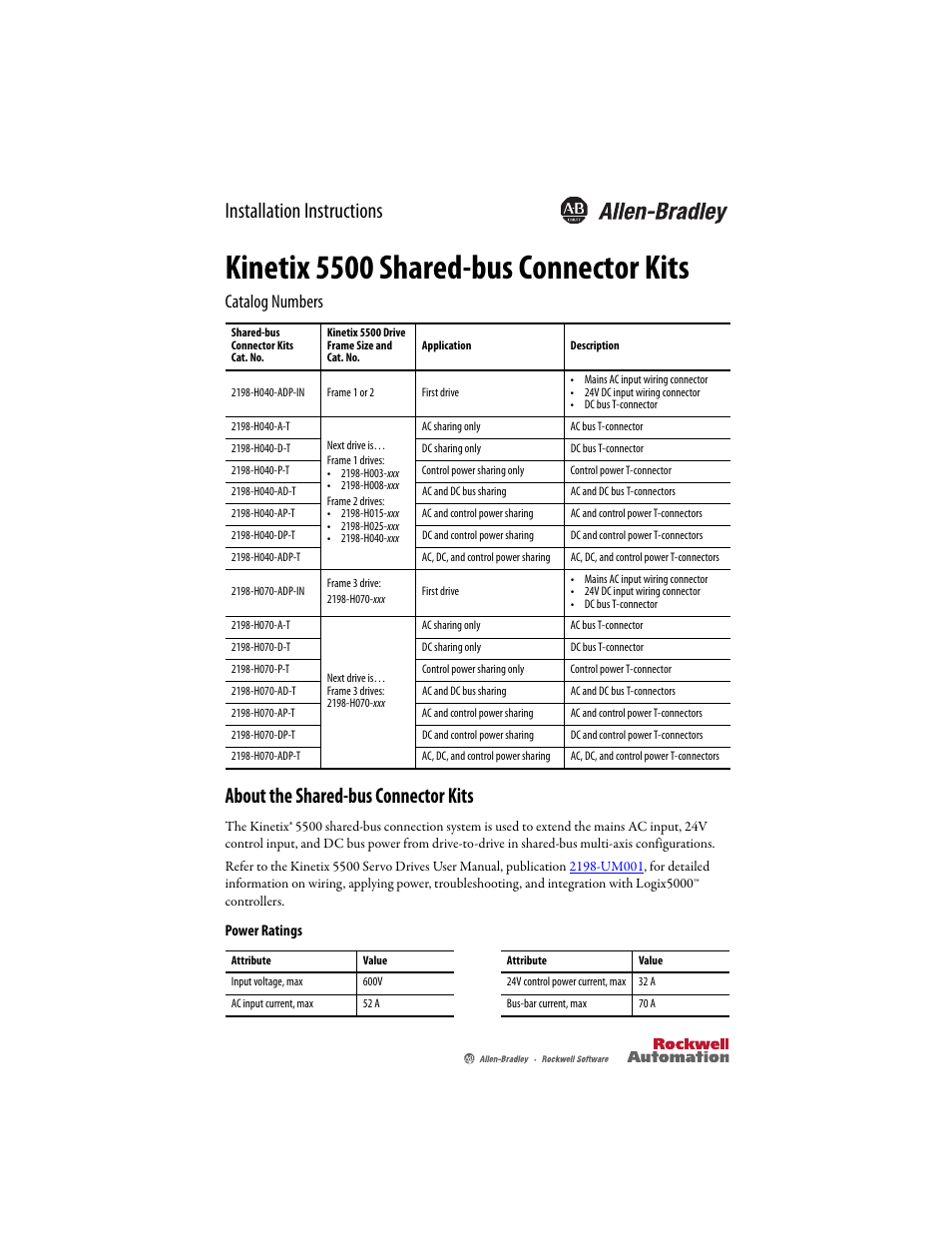 Rockwell Automation 2198-H070-x-x Kinetix 5500 Shared-bus Connection System Installation Instructions User Manual | 2 pages