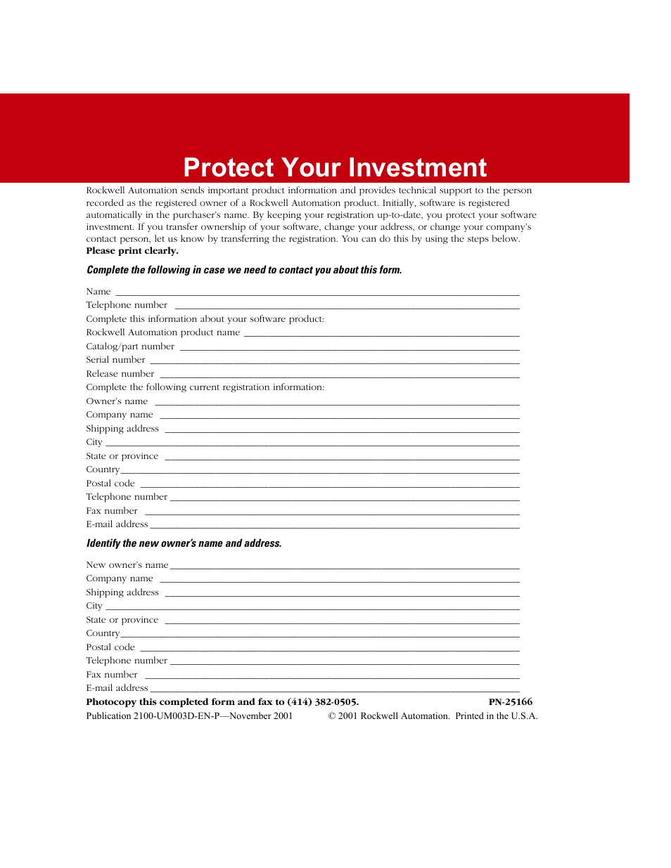 Identify the new owner’s name and address, Protect your investment | Rockwell Automation 2100 IntelliCENTER How to Contact Us Card User Manual | Page 2 / 2