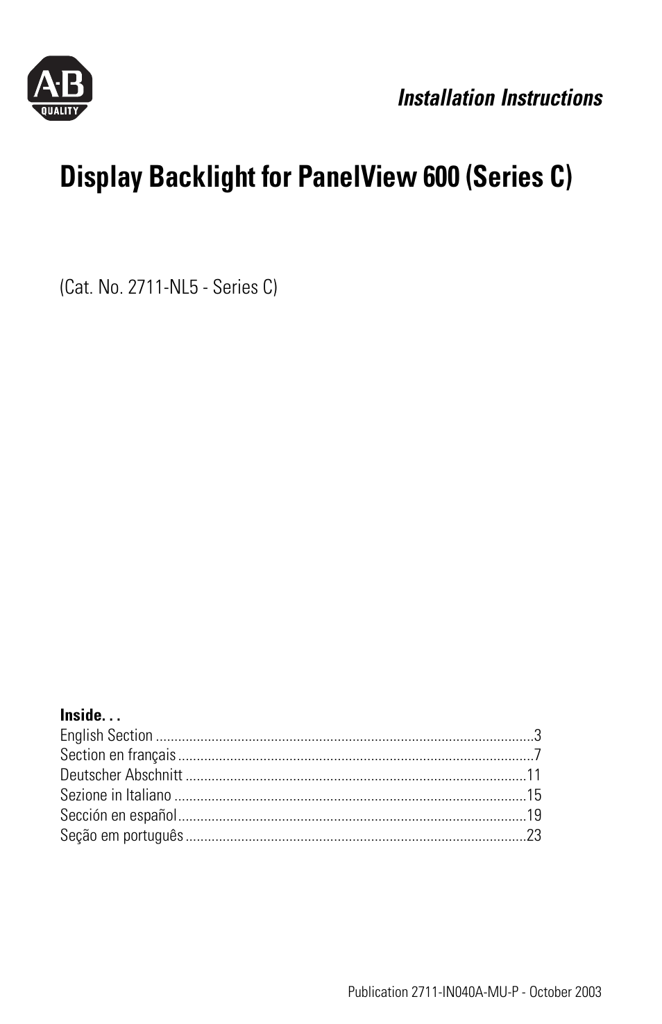 Rockwell Automation 2711-NL5 Display Backlight for PanelView 600 (Series C) User Manual | 28 pages