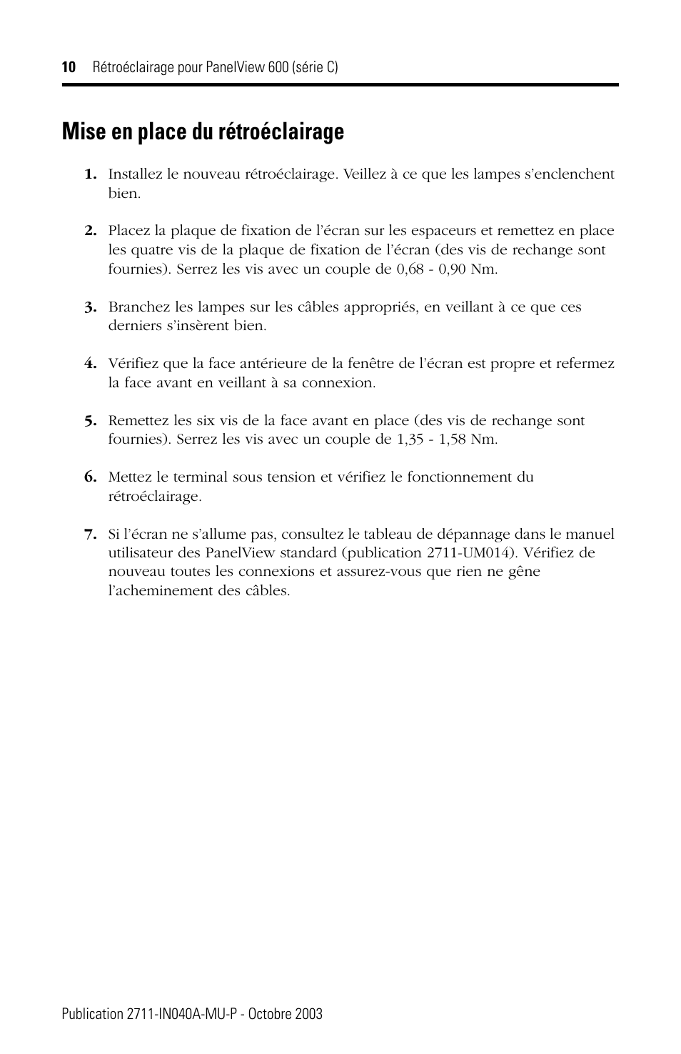 Mise en place du rétroéclairage | Rockwell Automation 2711-NL5 Display Backlight for PanelView 600 (Series C) User Manual | Page 10 / 28