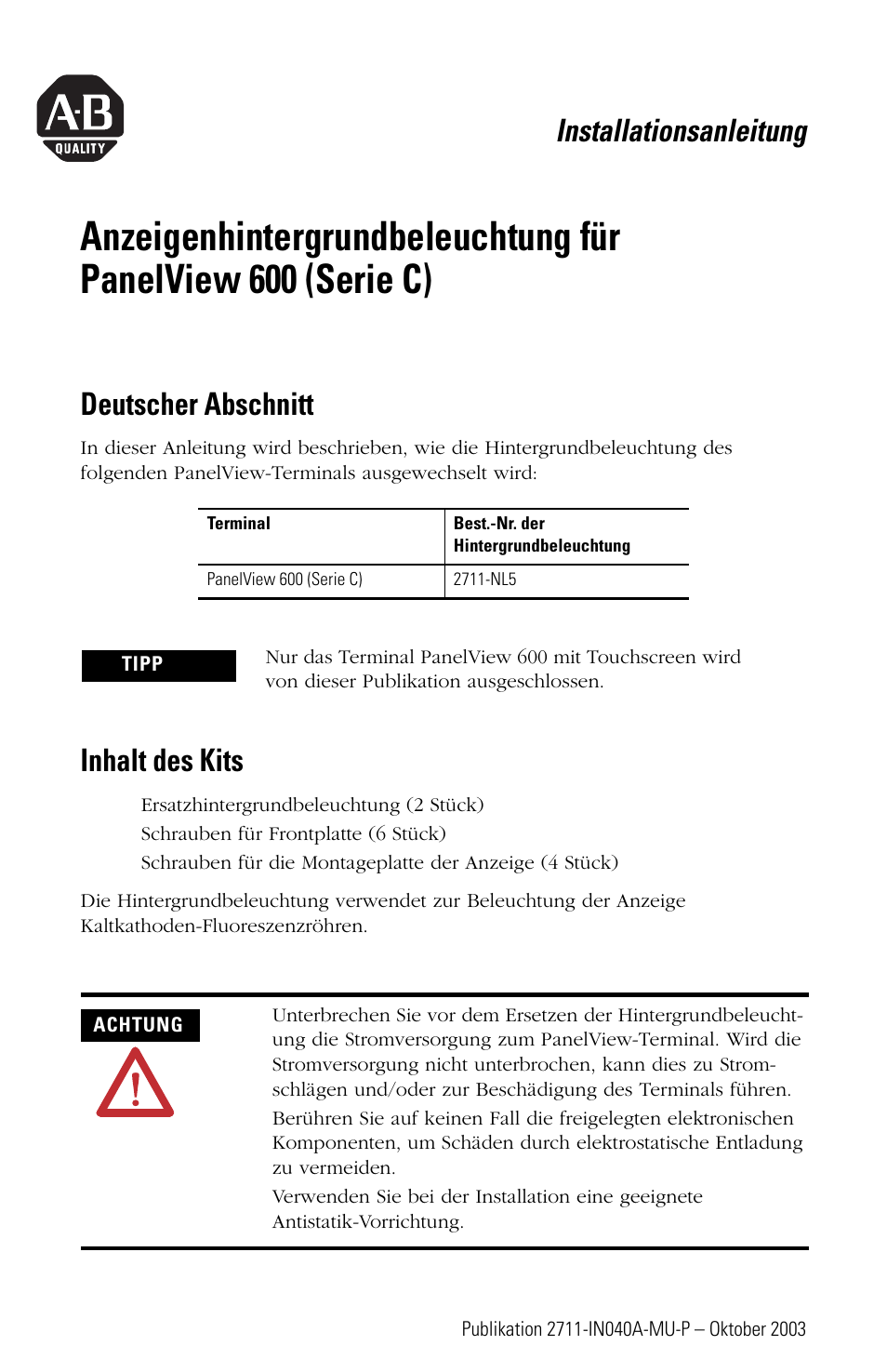 Deutscher abschnitt, Inhalt des kits, Installationsanleitung | Rockwell Automation 2711-NL5 Display Backlight for PanelView 600 (Series C) User Manual | Page 11 / 28