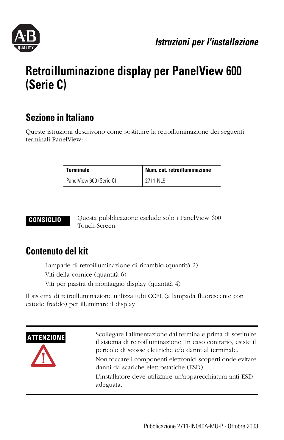 Sezione in italiano, Contenuto del kit, Istruzioni per l'installazione | Rockwell Automation 2711-NL5 Display Backlight for PanelView 600 (Series C) User Manual | Page 15 / 28