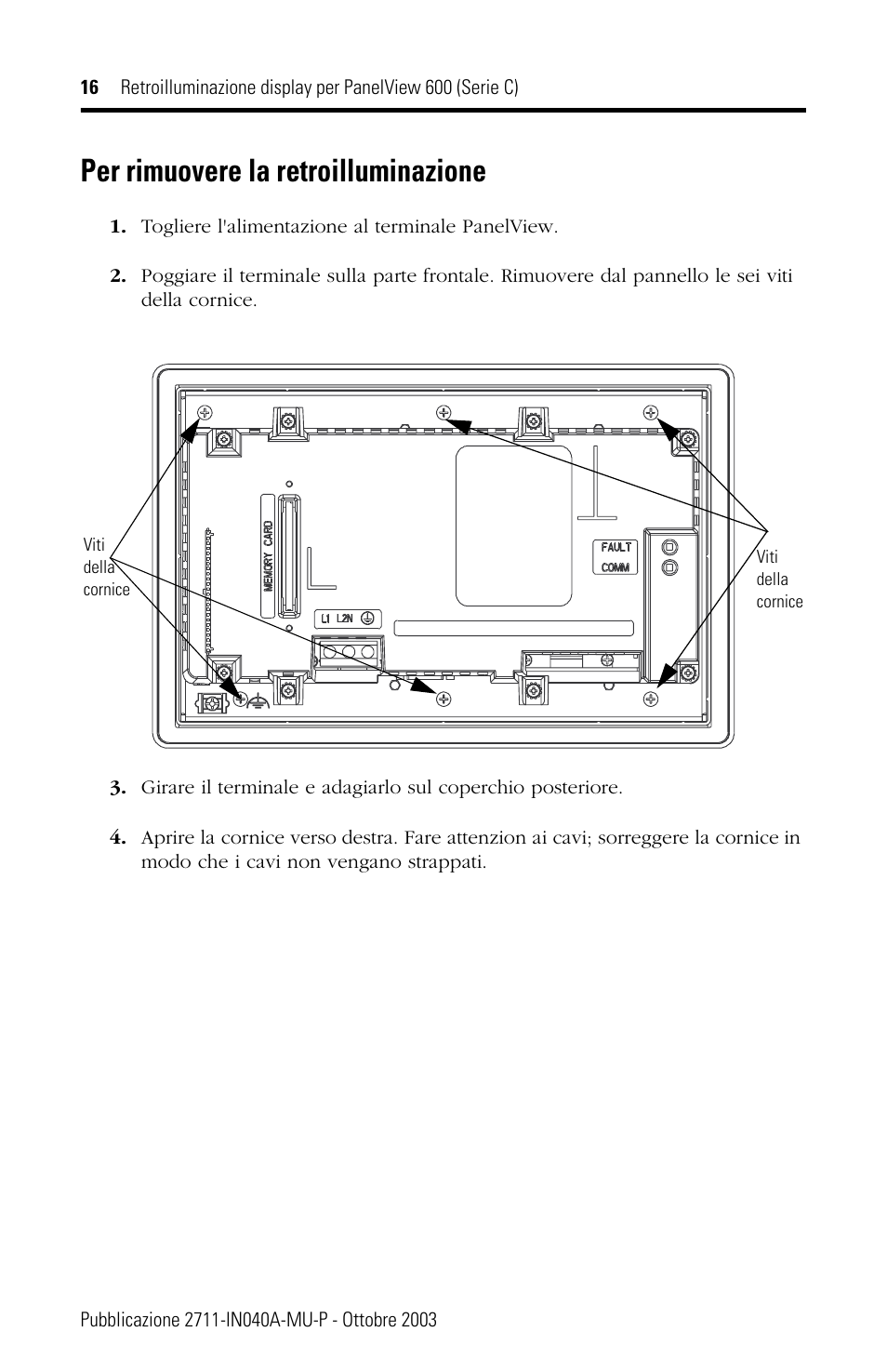 Per rimuovere la retroilluminazione | Rockwell Automation 2711-NL5 Display Backlight for PanelView 600 (Series C) User Manual | Page 16 / 28