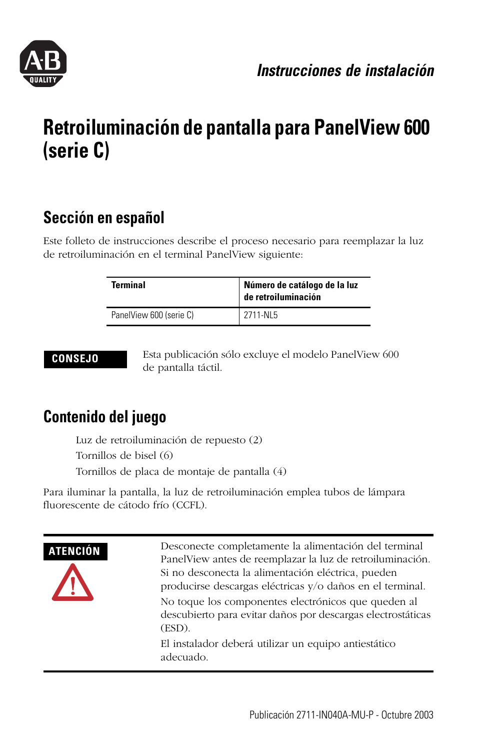 Rockwell Automation 2711-NL5 Display Backlight for PanelView 600 (Series C) User Manual | Page 19 / 28