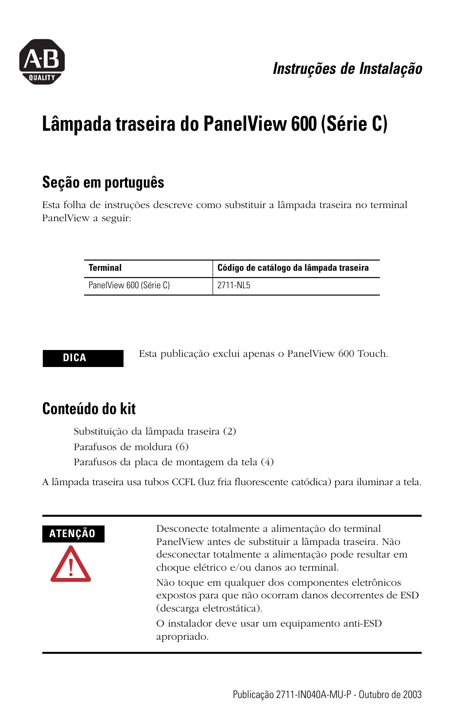 Seção em português, Conteúdo do kit, Lâmpada traseira do panelview 600 (série c) | Instruções de instalação | Rockwell Automation 2711-NL5 Display Backlight for PanelView 600 (Series C) User Manual | Page 23 / 28