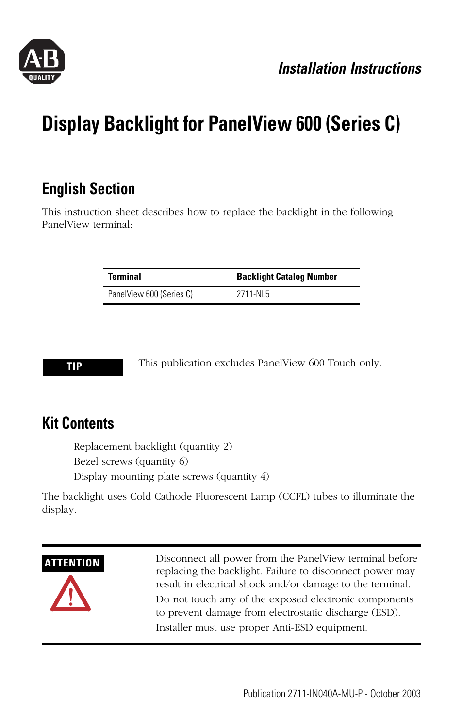English section, Kit contents, Display backlight for panelview 600 (series c) | Installation instructions | Rockwell Automation 2711-NL5 Display Backlight for PanelView 600 (Series C) User Manual | Page 3 / 28