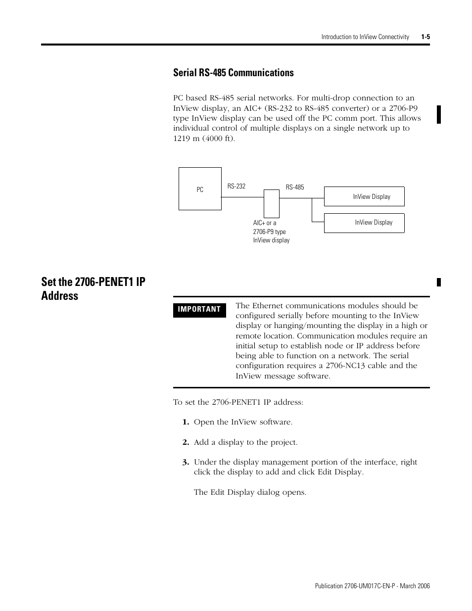 Set the 2706-penet1 ip address, Set the 2706-penet1 ip address -5, Serial rs-485 communications | Rockwell Automation 2706-PRIO_PDH485_PDHP_PDNET_PCNET_PENET_PENET1 InView Communication Module User Manual User Manual | Page 11 / 114