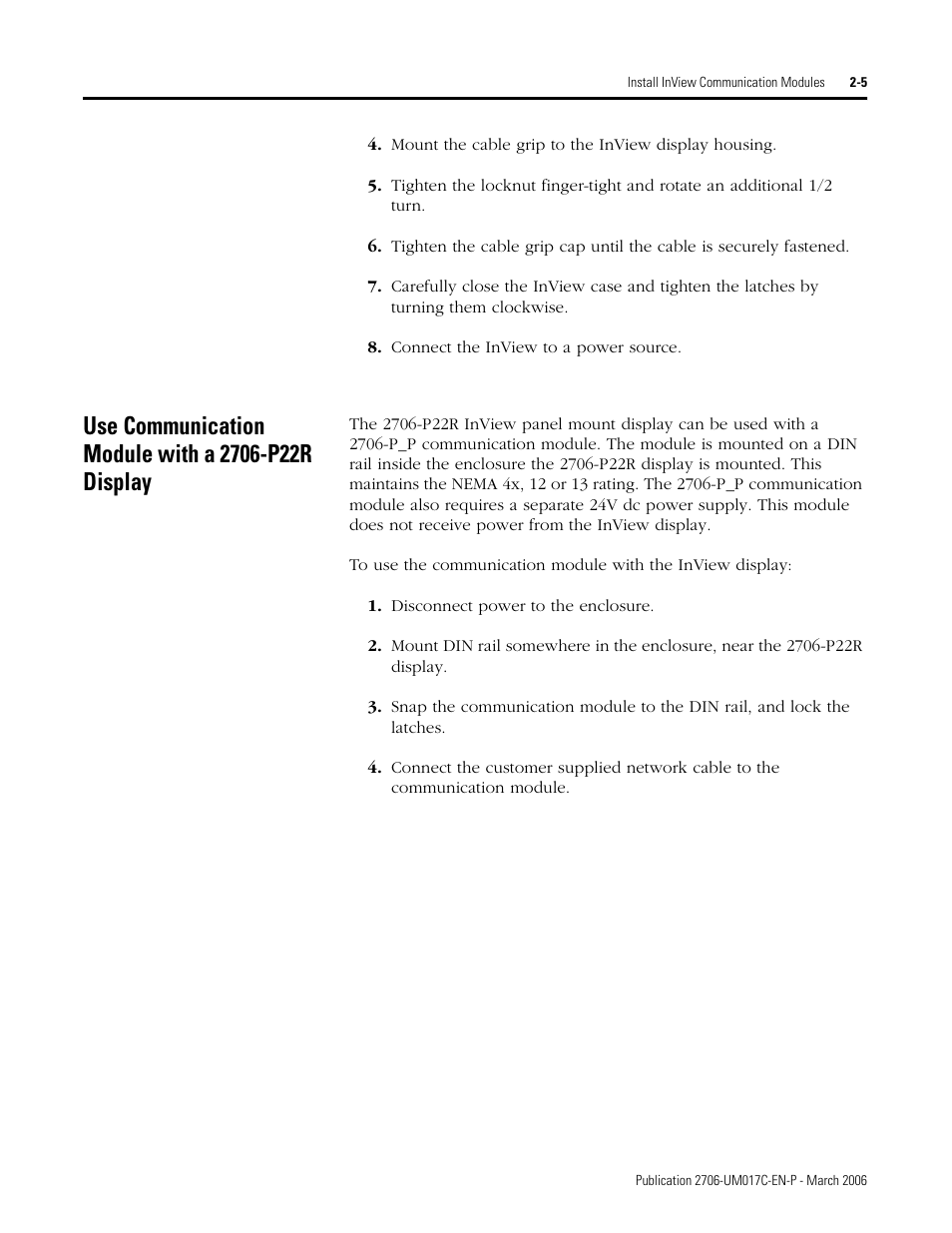 Use communication module with a 2706-p22r display | Rockwell Automation 2706-PRIO_PDH485_PDHP_PDNET_PCNET_PENET_PENET1 InView Communication Module User Manual User Manual | Page 21 / 114