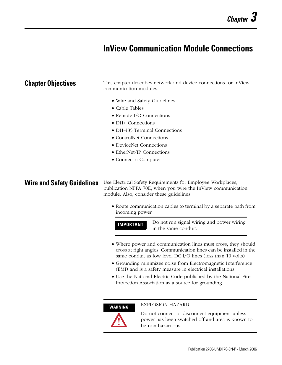 3 - inview communication module connections, Chapter objectives, Wire and safety guidelines | Chapter 3, Inview communication module connections, Chapter | Rockwell Automation 2706-PRIO_PDH485_PDHP_PDNET_PCNET_PENET_PENET1 InView Communication Module User Manual User Manual | Page 23 / 114