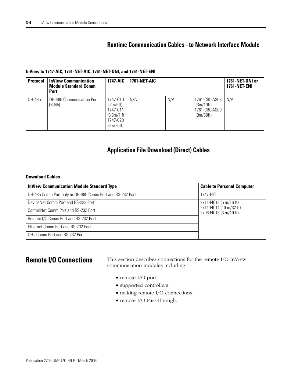 Remote i/o connections, Remote i/o connections -4 | Rockwell Automation 2706-PRIO_PDH485_PDHP_PDNET_PCNET_PENET_PENET1 InView Communication Module User Manual User Manual | Page 26 / 114