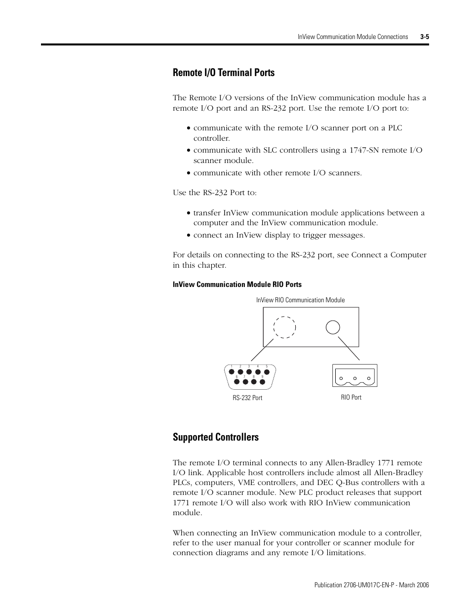 Remote i/o terminal ports, Supported controllers | Rockwell Automation 2706-PRIO_PDH485_PDHP_PDNET_PCNET_PENET_PENET1 InView Communication Module User Manual User Manual | Page 27 / 114