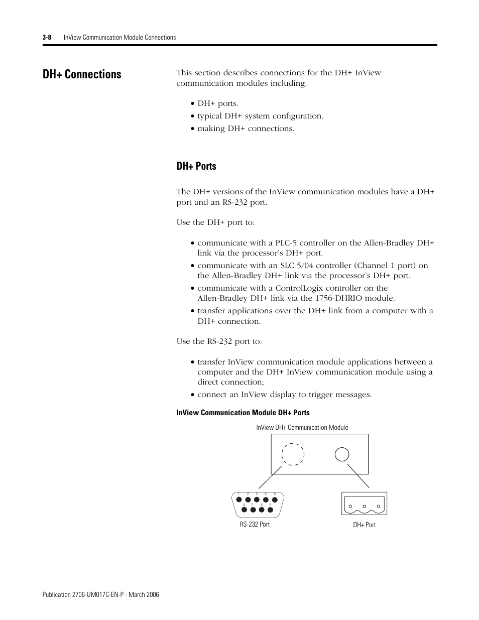 Dh+ connections, Dh+ connections -8, Dh+ ports | Rockwell Automation 2706-PRIO_PDH485_PDHP_PDNET_PCNET_PENET_PENET1 InView Communication Module User Manual User Manual | Page 30 / 114