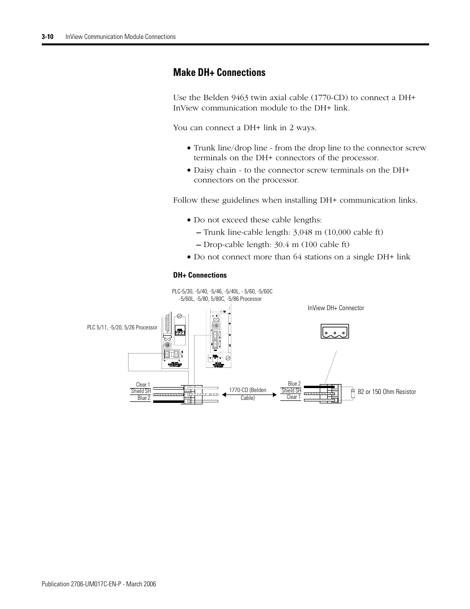 Make dh+ connections | Rockwell Automation 2706-PRIO_PDH485_PDHP_PDNET_PCNET_PENET_PENET1 InView Communication Module User Manual User Manual | Page 32 / 114