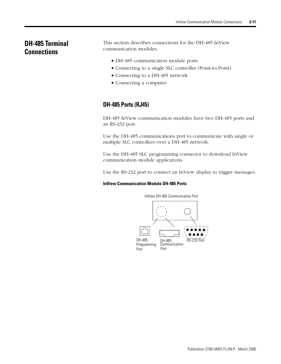Dh-485 terminal connections, Dh-485 terminal connections -11 | Rockwell Automation 2706-PRIO_PDH485_PDHP_PDNET_PCNET_PENET_PENET1 InView Communication Module User Manual User Manual | Page 33 / 114