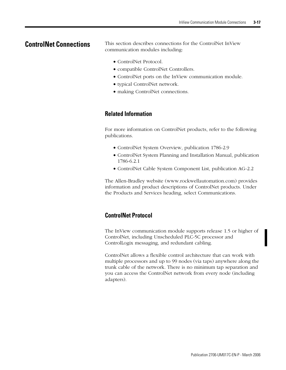 Controlnet connections, Controlnet connections -17 | Rockwell Automation 2706-PRIO_PDH485_PDHP_PDNET_PCNET_PENET_PENET1 InView Communication Module User Manual User Manual | Page 39 / 114