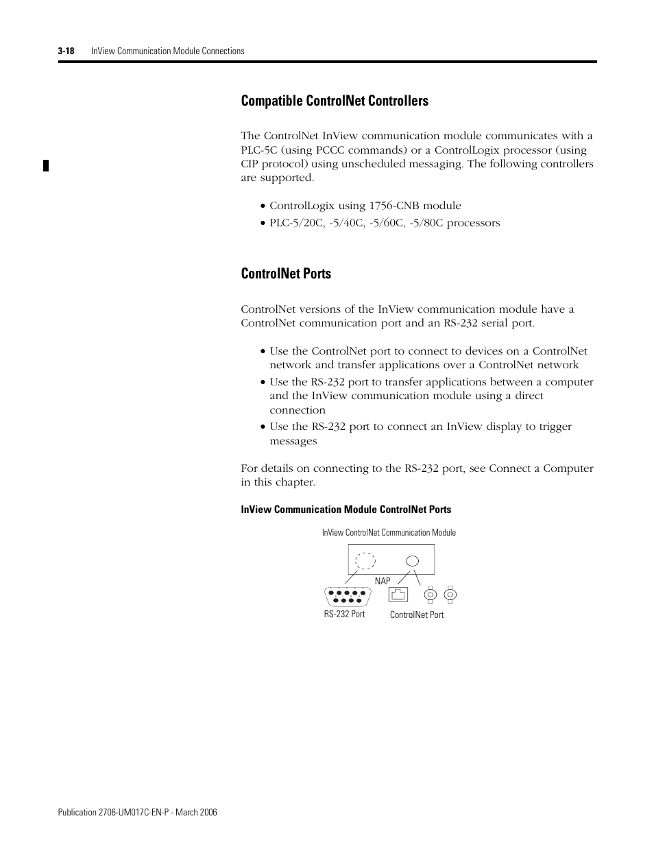 Compatible controlnet controllers, Controlnet ports | Rockwell Automation 2706-PRIO_PDH485_PDHP_PDNET_PCNET_PENET_PENET1 InView Communication Module User Manual User Manual | Page 40 / 114