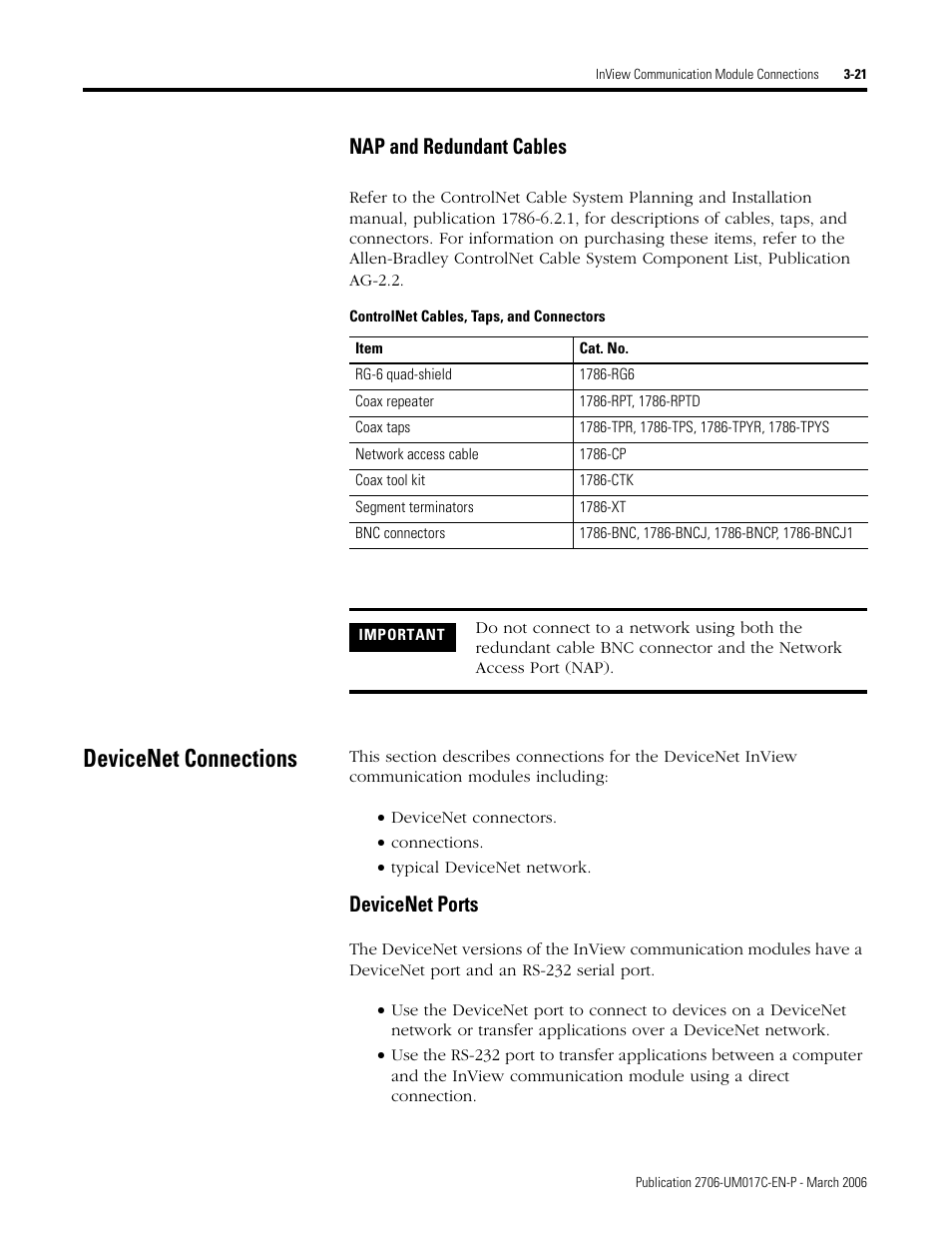 Devicenet connections, Devicenet connections -21, Nap and redundant cables | Devicenet ports | Rockwell Automation 2706-PRIO_PDH485_PDHP_PDNET_PCNET_PENET_PENET1 InView Communication Module User Manual User Manual | Page 43 / 114