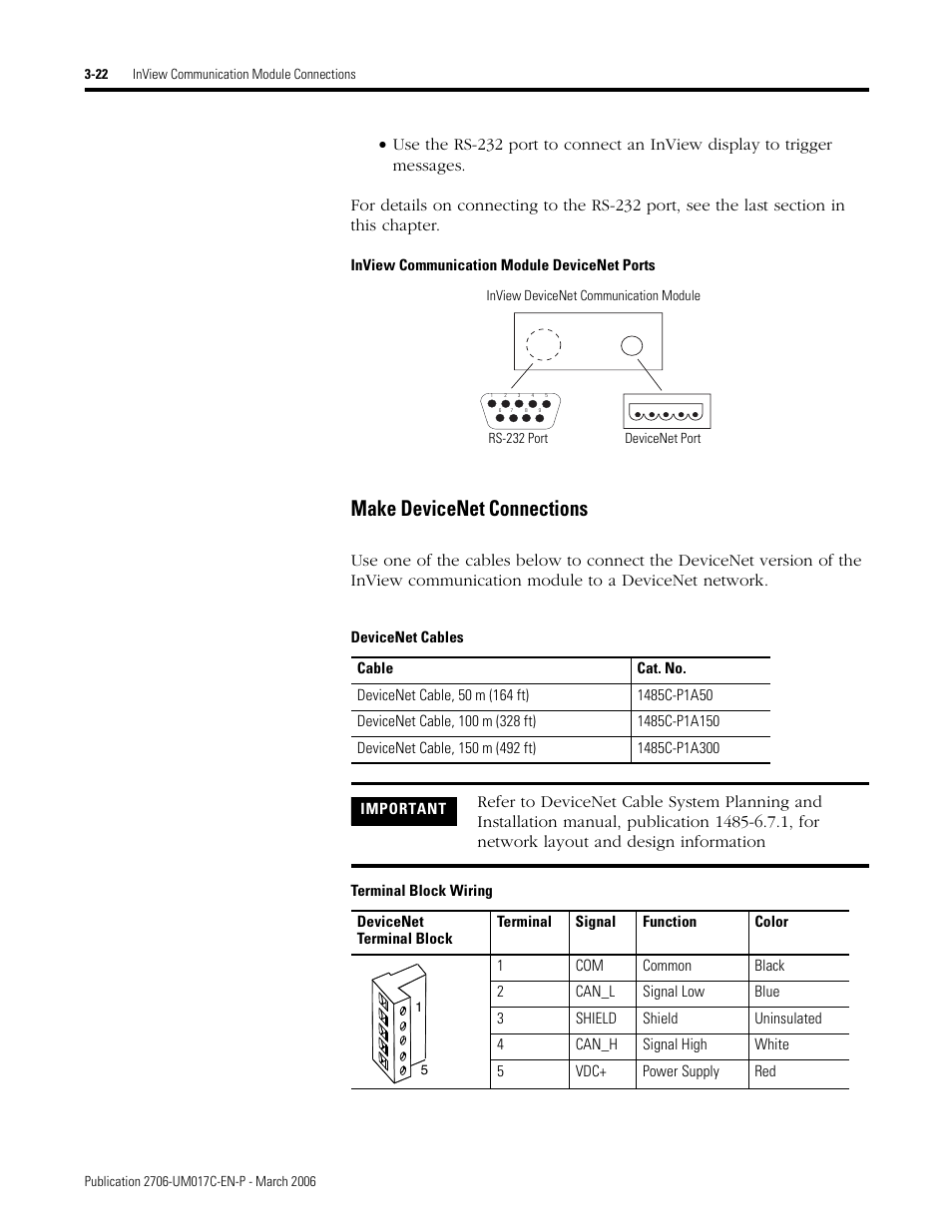 Make devicenet connections | Rockwell Automation 2706-PRIO_PDH485_PDHP_PDNET_PCNET_PENET_PENET1 InView Communication Module User Manual User Manual | Page 44 / 114
