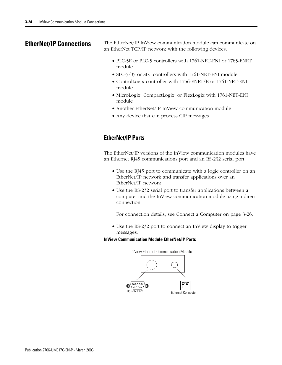 Ethernet/ip connections, Ethernet/ip connections -24, Ethernet/ip ports | Rockwell Automation 2706-PRIO_PDH485_PDHP_PDNET_PCNET_PENET_PENET1 InView Communication Module User Manual User Manual | Page 46 / 114