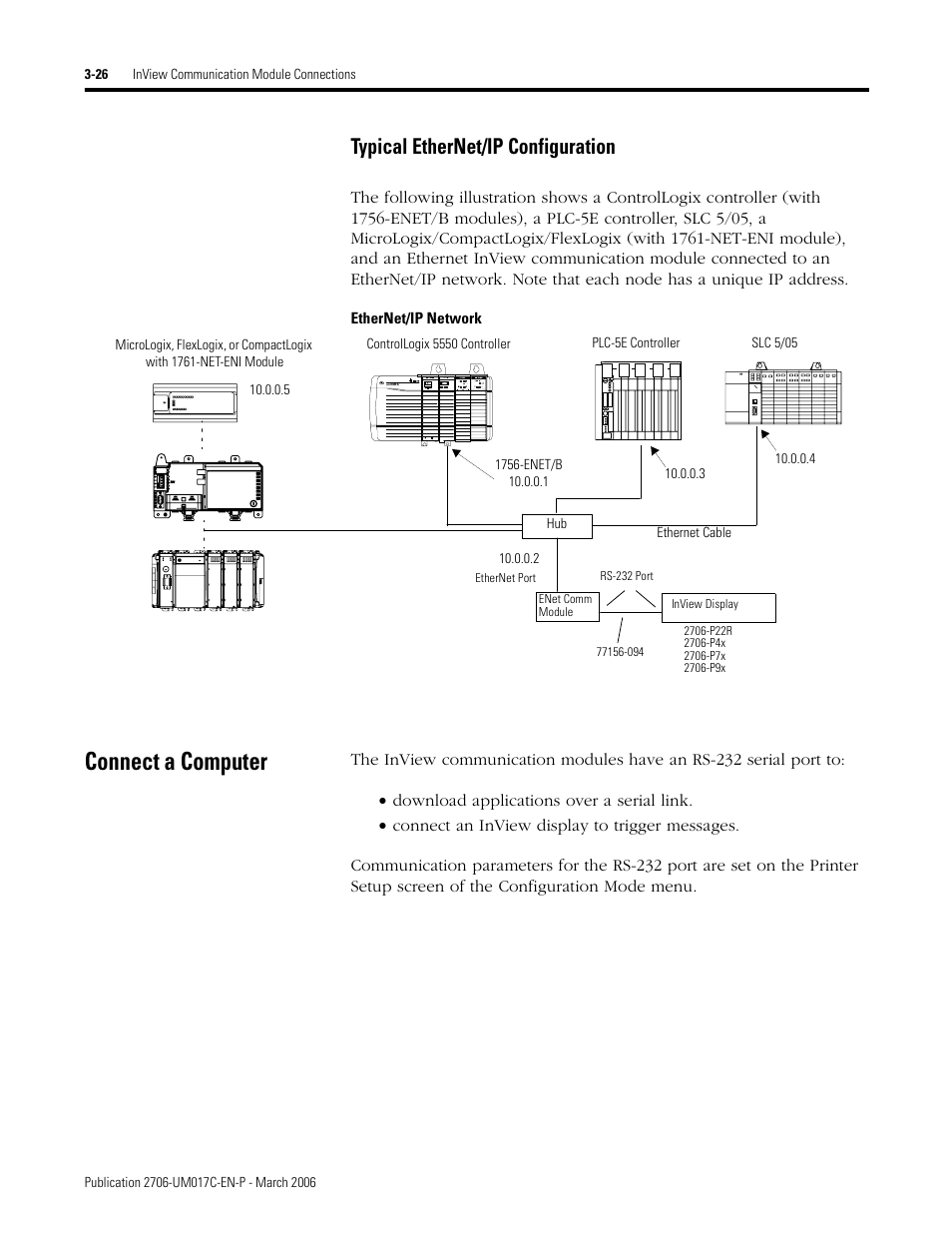 Connect a computer, Connect a computer -26, Typical ethernet/ip configuration | Rockwell Automation 2706-PRIO_PDH485_PDHP_PDNET_PCNET_PENET_PENET1 InView Communication Module User Manual User Manual | Page 48 / 114