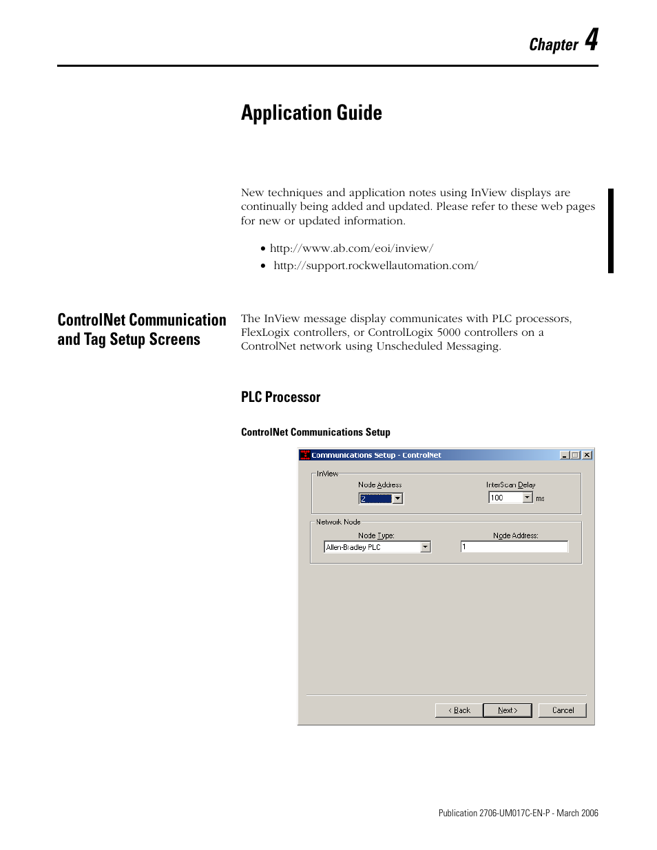 4 - application guide, Controlnet communication and tag setup screens, Chapter 4 | Application guide, Controlnet communication and tag setup screens -1 | Rockwell Automation 2706-PRIO_PDH485_PDHP_PDNET_PCNET_PENET_PENET1 InView Communication Module User Manual User Manual | Page 51 / 114