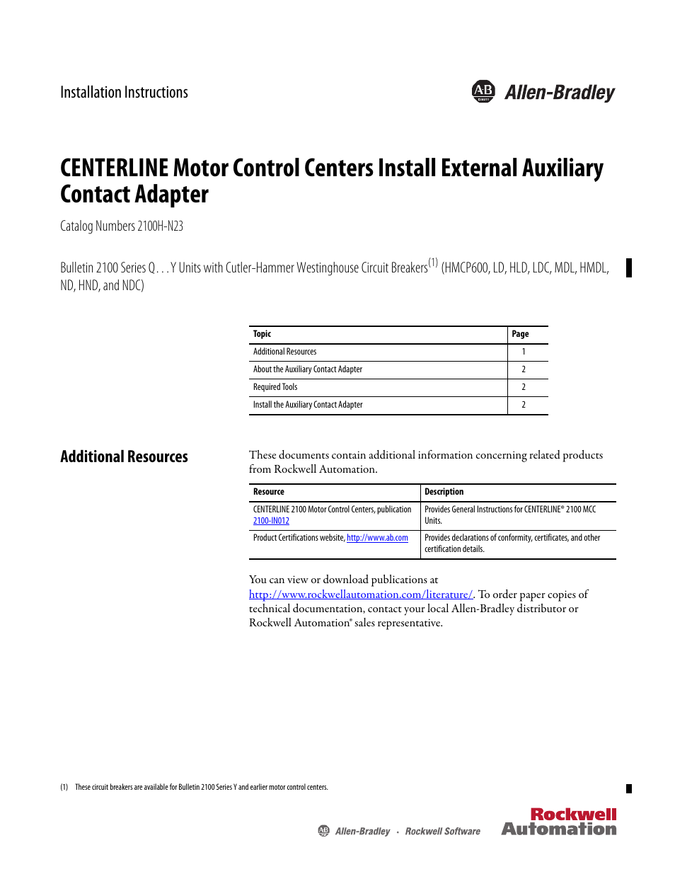 Rockwell Automation 2100 Install External Auxiliary Contact Adapter User Manual | 4 pages