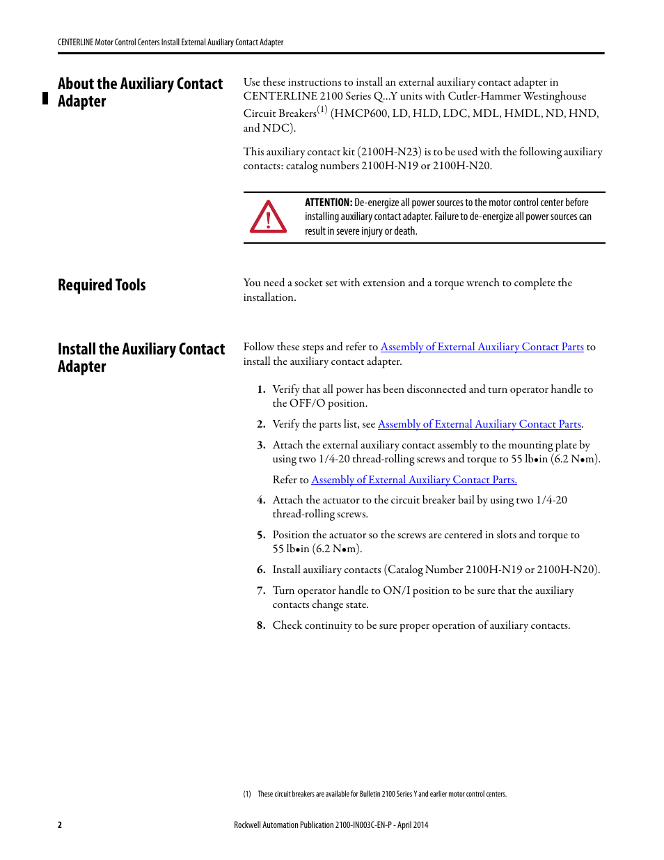 About the auxiliary contact adapter, Required tools, Install the auxiliary contact adapter | Rockwell Automation 2100 Install External Auxiliary Contact Adapter User Manual | Page 2 / 4