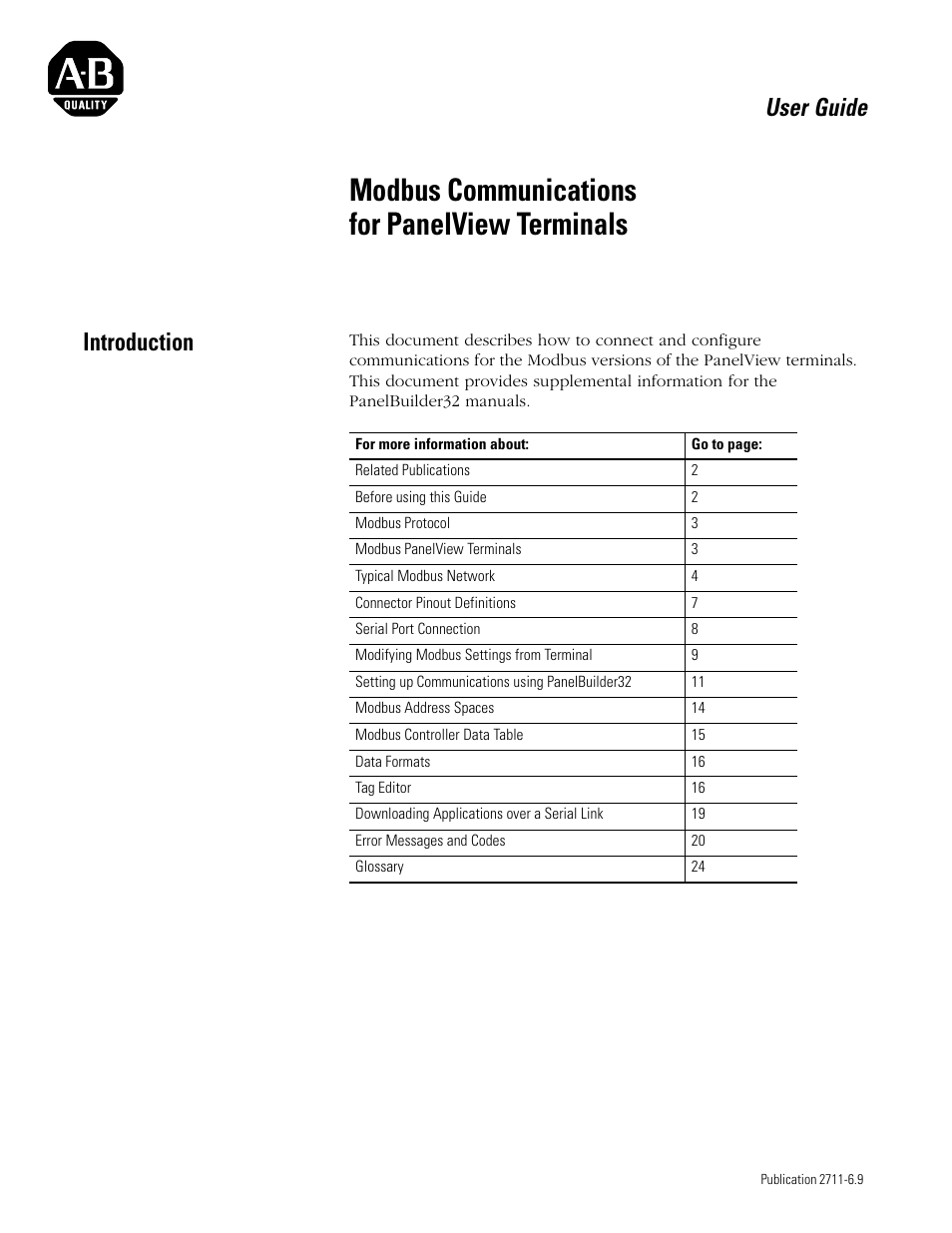 Rockwell Automation 2711 MODBUS COMMUNICATIONS FOR PANELVIEW TERMINALS User Manual | 24 pages